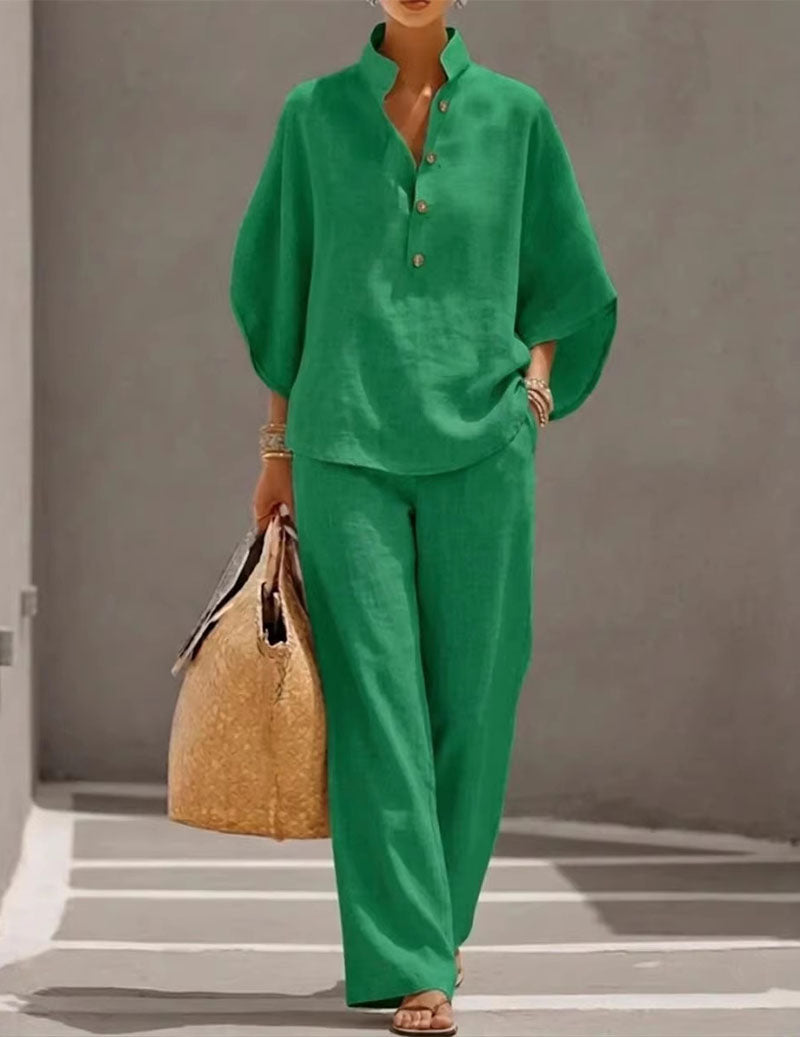 Linen Two Piece Set Mandarin Collar Batwing Sleeve Top & Wide Leg Pants