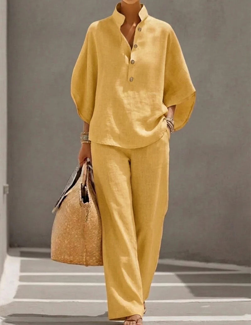 Linen Two Piece Set Mandarin Collar Batwing Sleeve Top & Wide Leg Pants