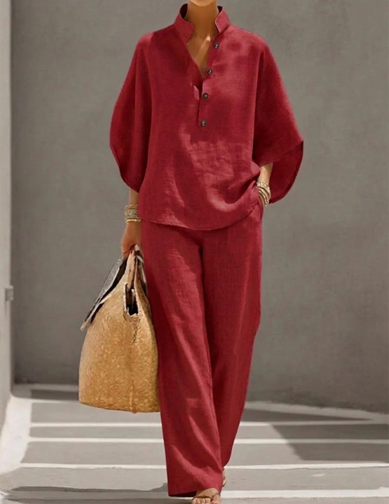 Linen Two Piece Set Mandarin Collar Batwing Sleeve Top & Wide Leg Pants