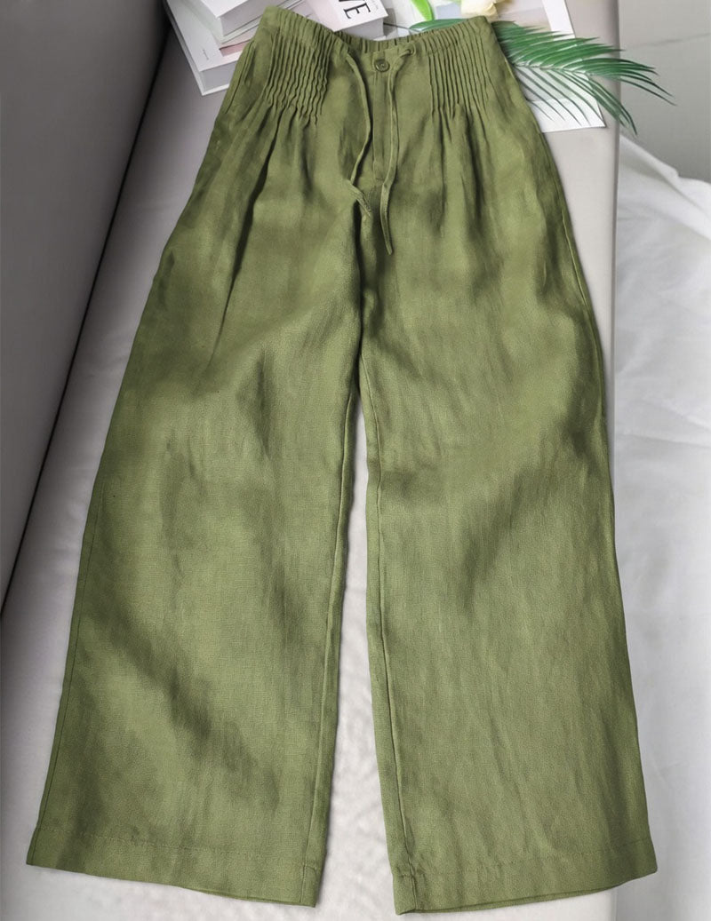 Linen Wide Leg Pants Smocked Elastic Waist Palazzo Trousers