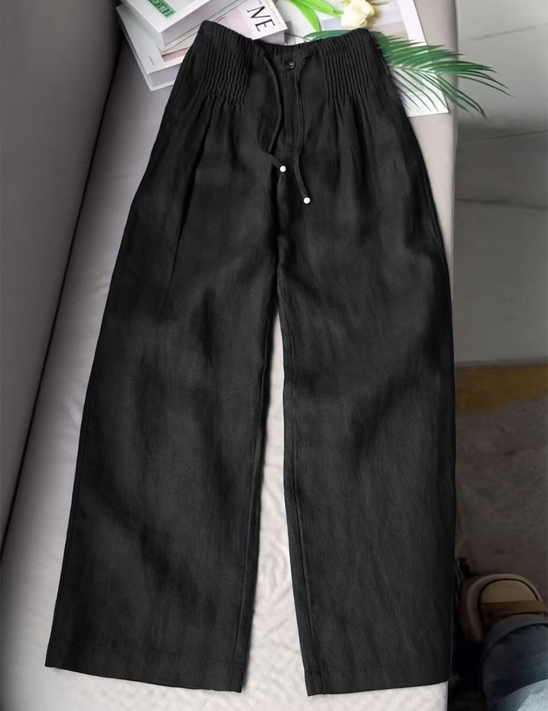Linen Wide Leg Pants Smocked Elastic Waist Palazzo Trousers