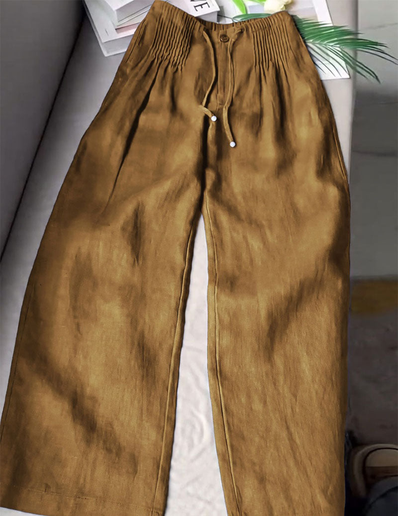 Linen Wide Leg Pants Smocked Elastic Waist Palazzo Trousers