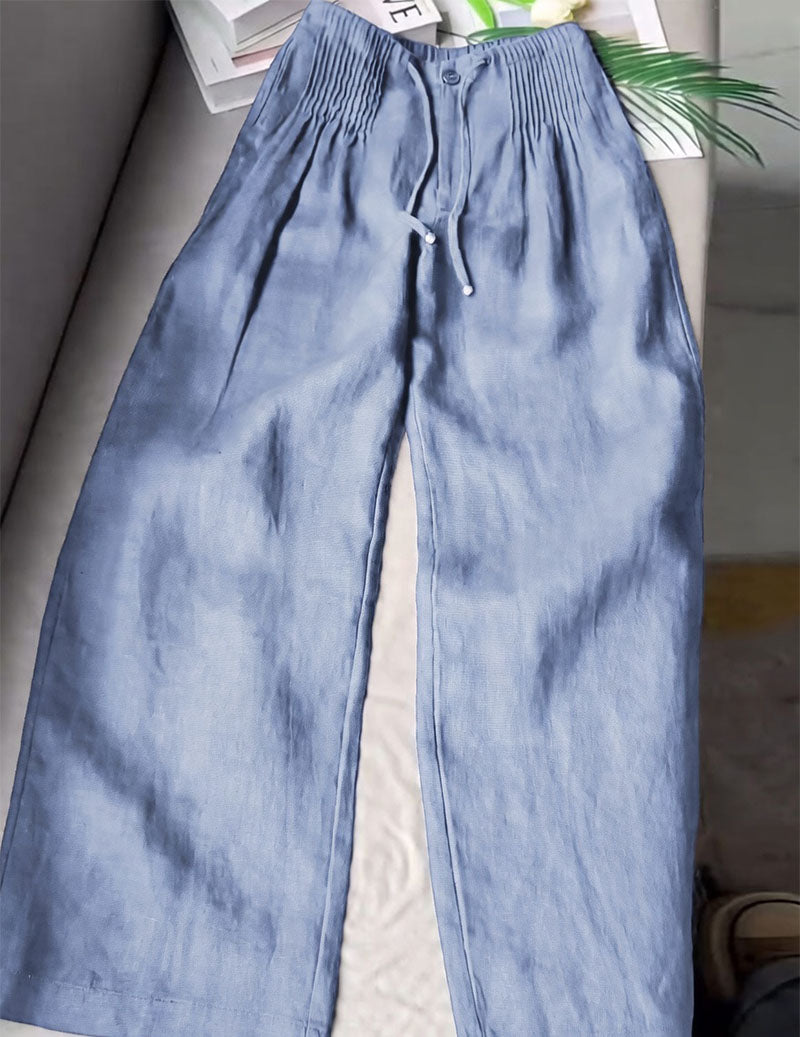 Linen Wide Leg Pants Smocked Elastic Waist Palazzo Trousers