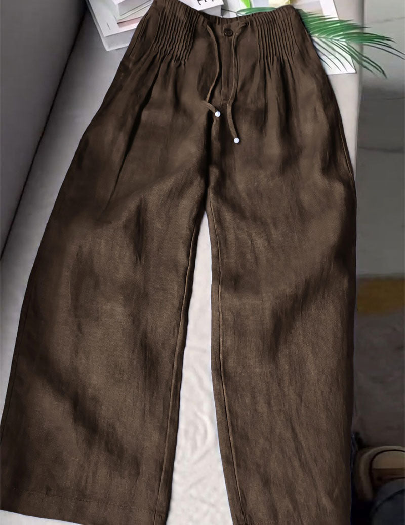 Linen Wide Leg Pants Smocked Elastic Waist Palazzo Trousers