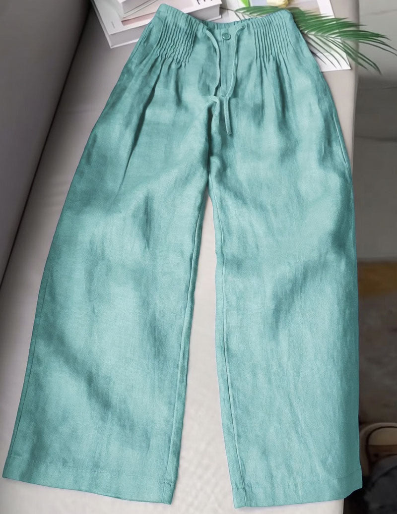 Linen Wide Leg Pants Smocked Elastic Waist Palazzo Trousers