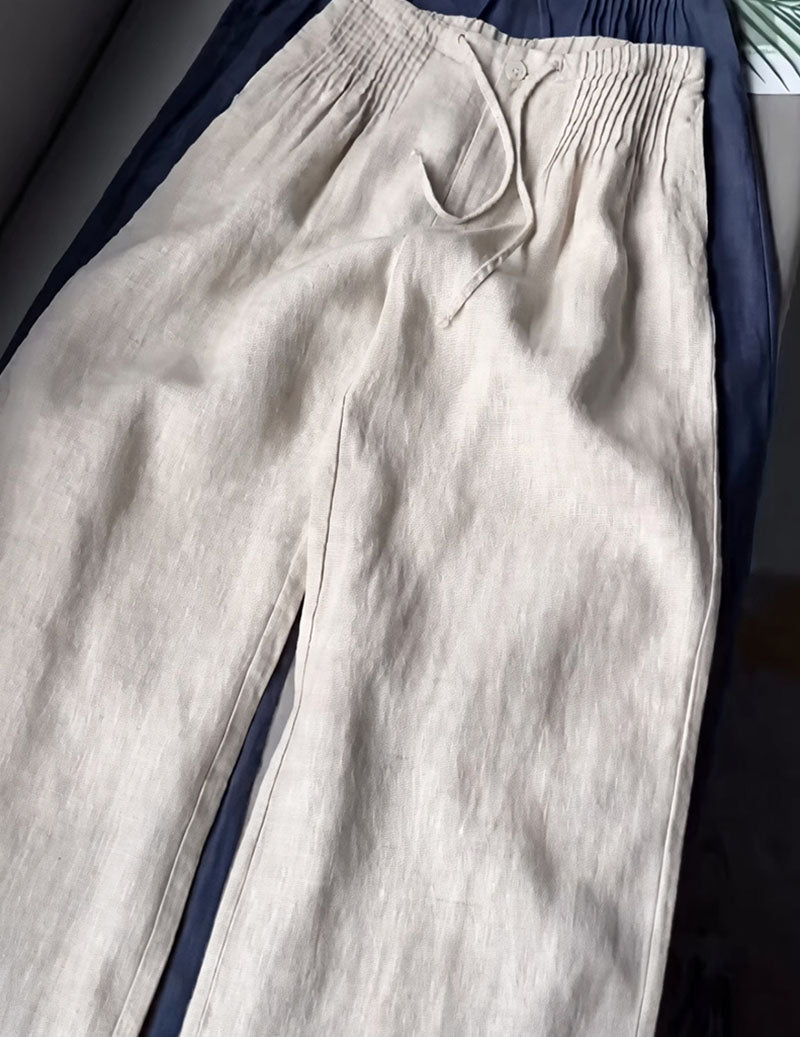 Linen Wide Leg Pants Smocked Elastic Waist Palazzo Trousers