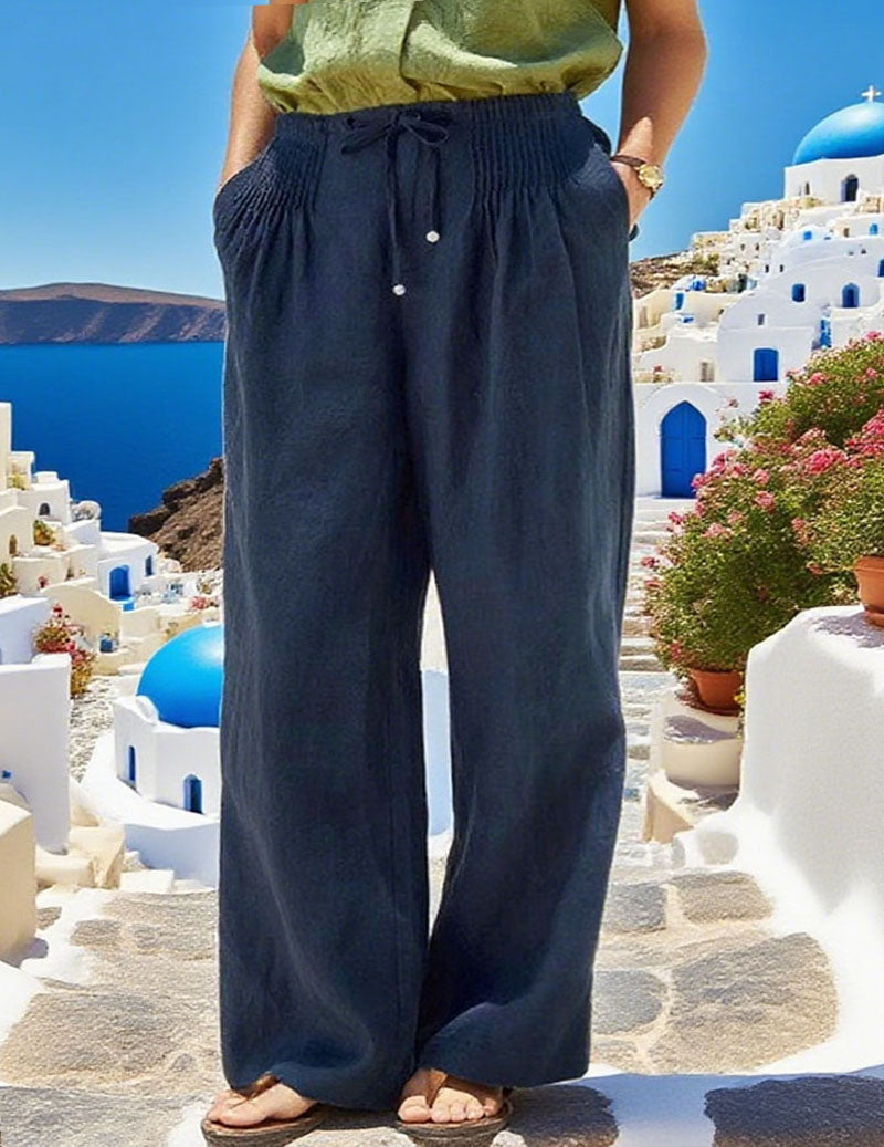 Linen Wide Leg Pants Smocked Elastic Waist Palazzo Trousers