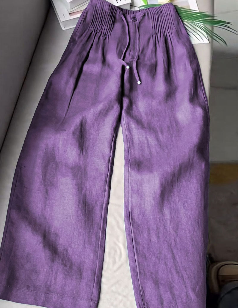 Linen Wide Leg Pants Smocked Elastic Waist Palazzo Trousers