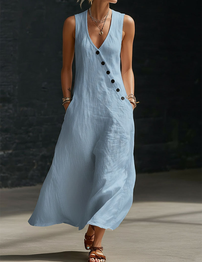 Linen Sleeveless V-Neck Button Down Midi Dress Sundress with Pockets