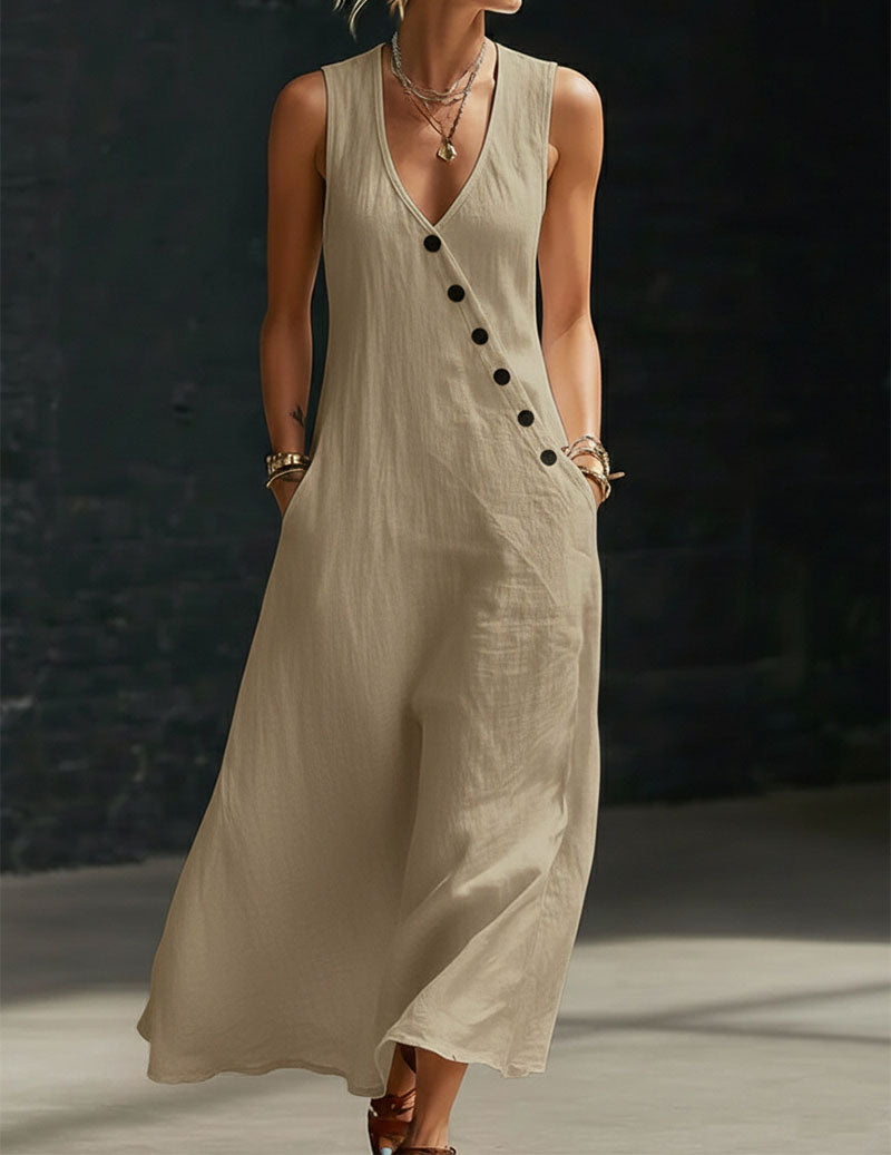 Linen Sleeveless V-Neck Button Down Midi Dress Sundress with Pockets