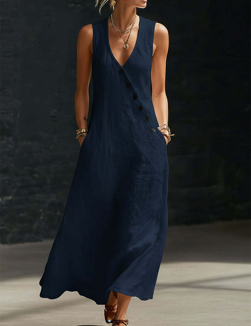 Linen Sleeveless V-Neck Button Down Midi Dress Sundress with Pockets
