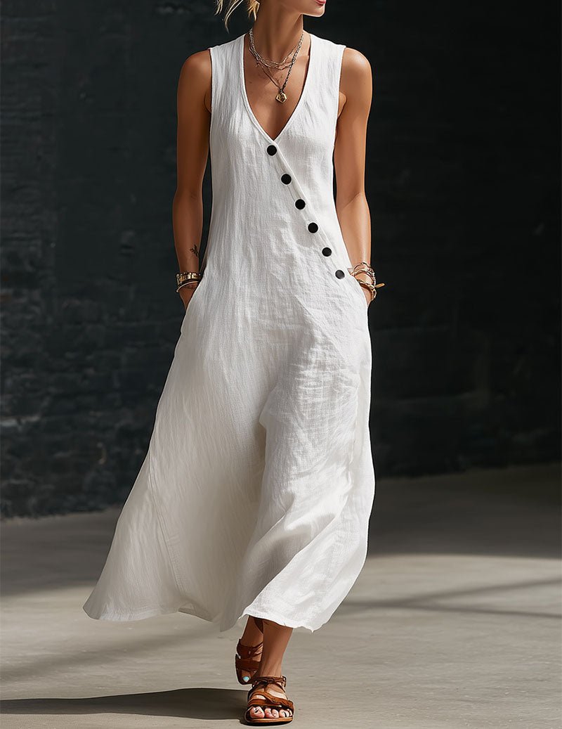 v-neck buttoned sleeveless dress in linen V-Neck Buttoned Sleeveless Dress in Linen