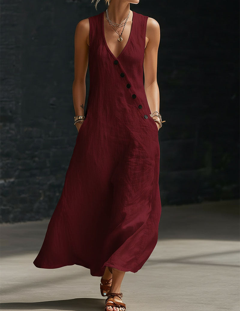 Linen Sleeveless V-Neck Button Down Midi Dress Sundress with Pockets