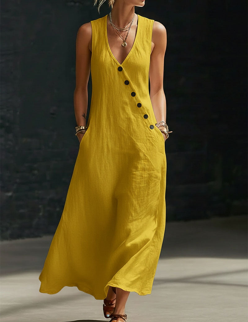 Linen Sleeveless V-Neck Button Down Midi Dress Sundress with Pockets