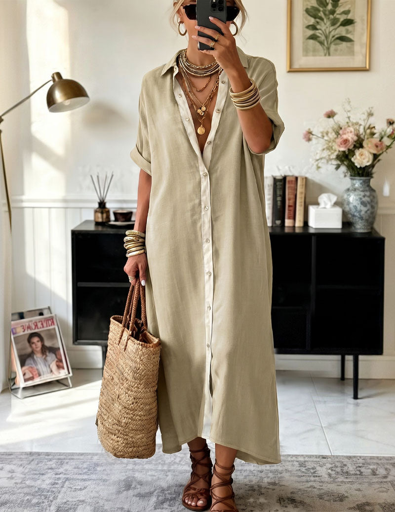 Army green oversized shirt dress with collared neckline and cream contrast button placket