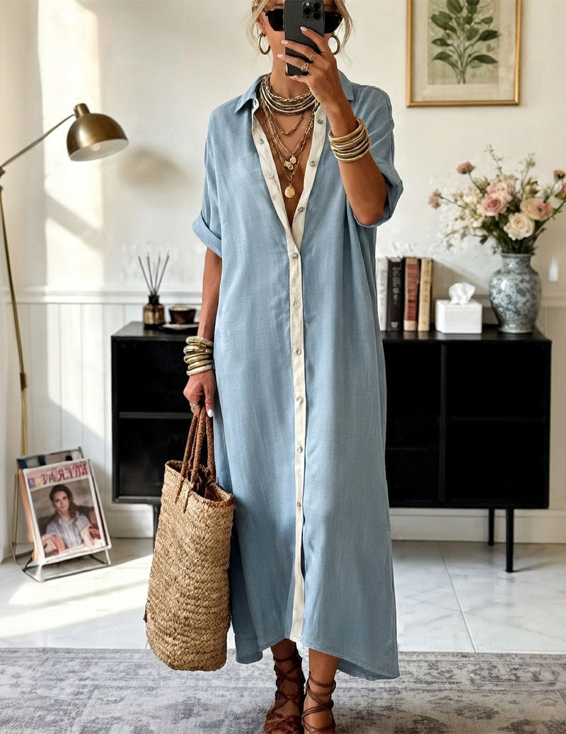 Oversized Button Down Shirt Dress Casual Collared Contrast Dress
