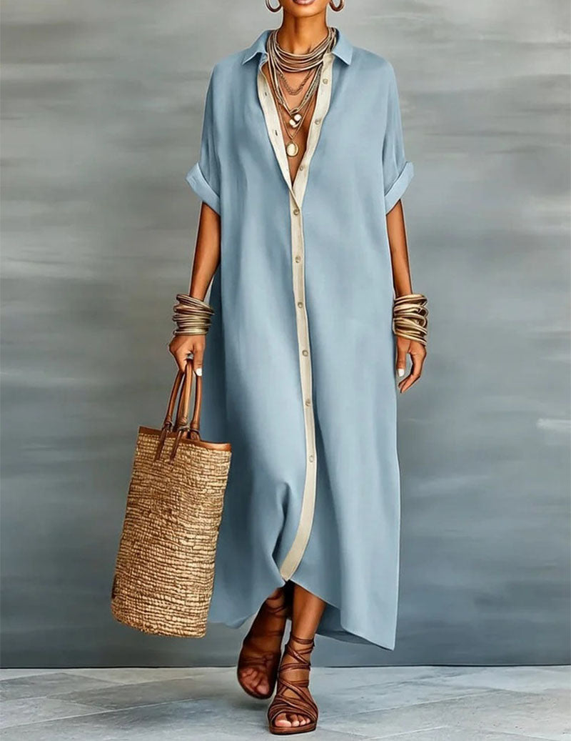 Oversized Button Down Shirt Dress Casual Collared Contrast Dress