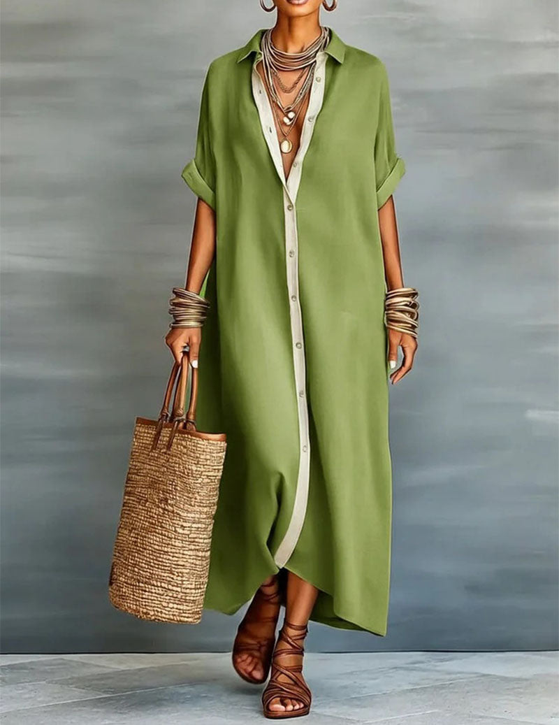 Oversized Button Down Shirt Dress Casual Collared Contrast Dress