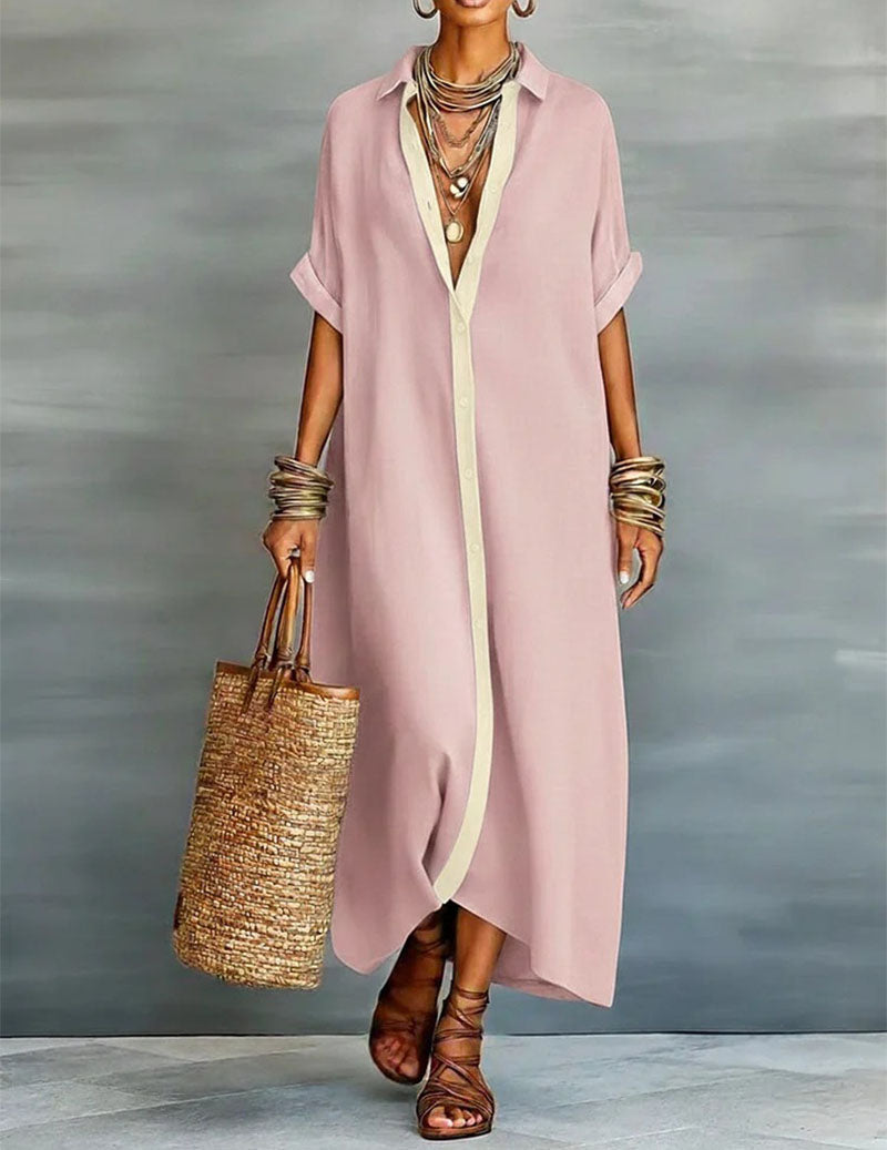 Oversized Button Down Shirt Dress Casual Collared Contrast Dress