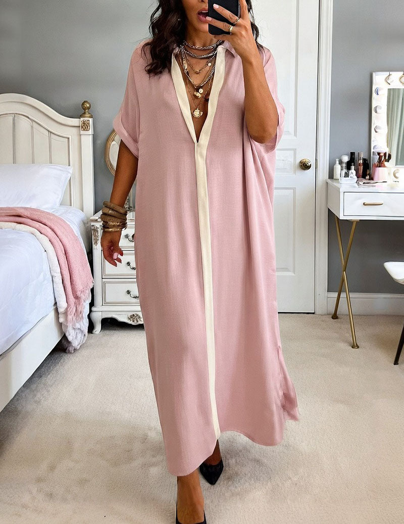 Oversized Button Down Shirt Dress Casual Collared Contrast Dress