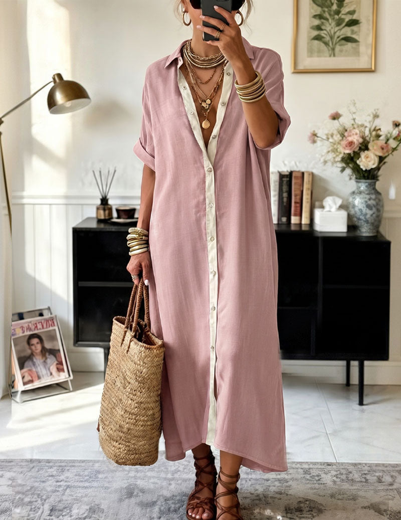 Pink oversized shirt dress with collared neckline, button front, and contrasting cream placket