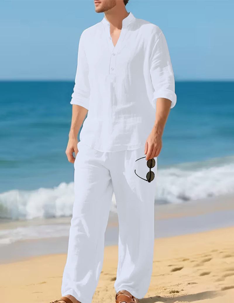 Men's Linen Henley Long Sleeve Shirt and Pants Set
