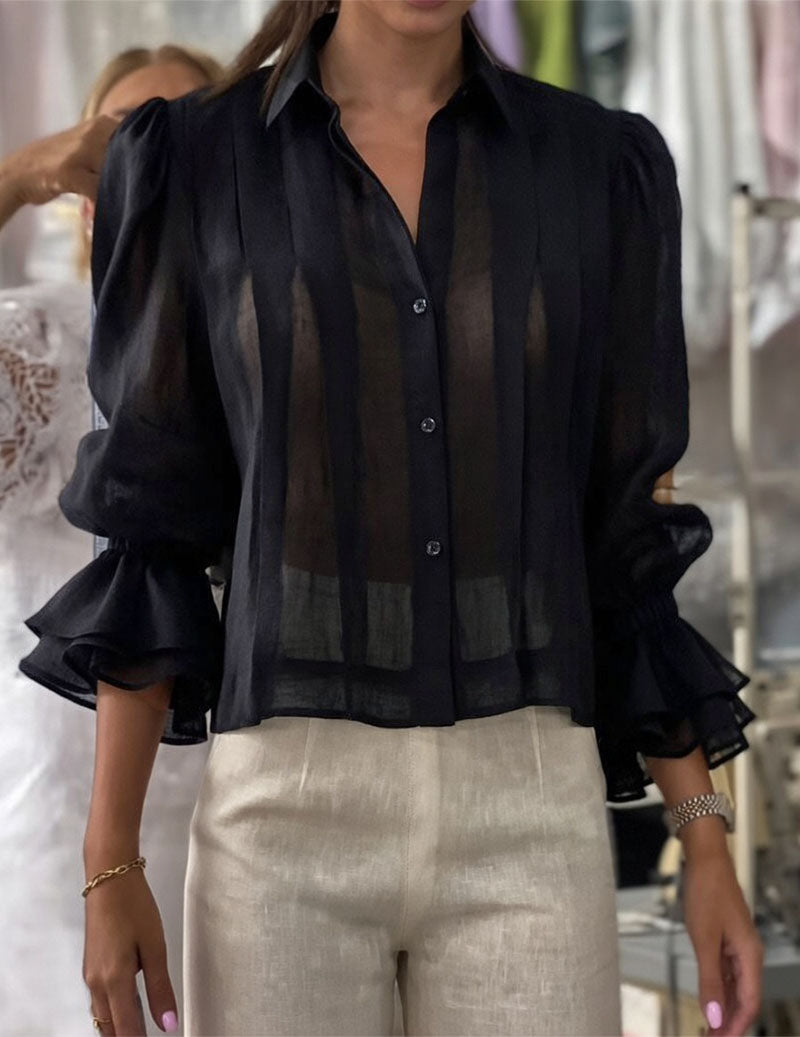 Cotton Linen Pleated Shirt Puff Sleeve Ruffle Cuff Blouse