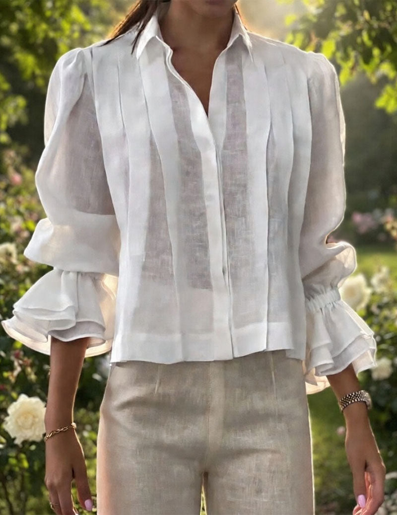 Cotton Linen Pleated Shirt Puff Sleeve Ruffle Cuff Blouse