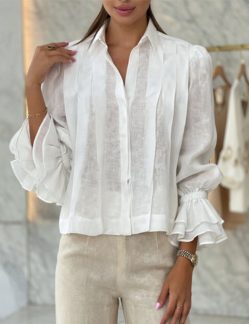 Cotton Linen Pleated Shirt Puff Sleeve Ruffle Cuff Blouse