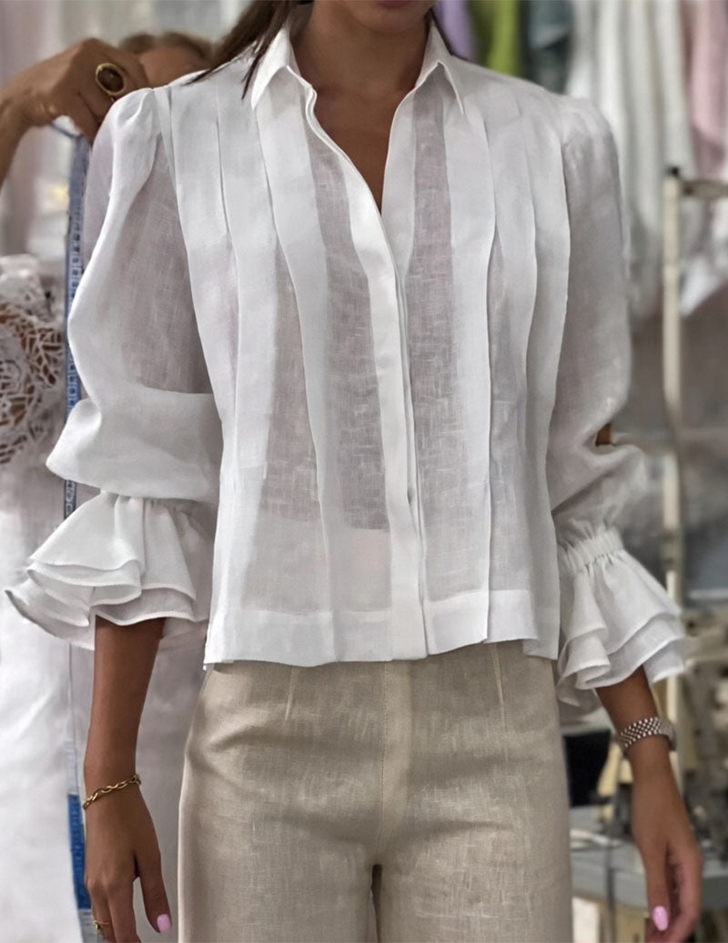 Cotton Linen Pleated Shirt Puff Sleeve Ruffle Cuff Blouse