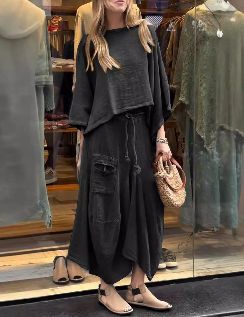 Linen Two Piece Set Batwing Sleeve Crop Top and Long Cargo Skirt