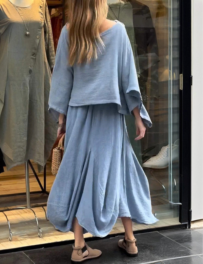 Linen Two Piece Set Batwing Sleeve Crop Top and Long Cargo Skirt