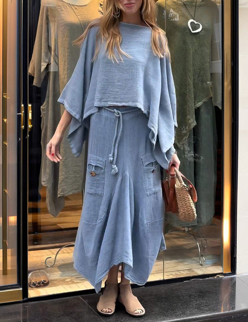 Linen Two Piece Set Batwing Sleeve Crop Top and Long Cargo Skirt