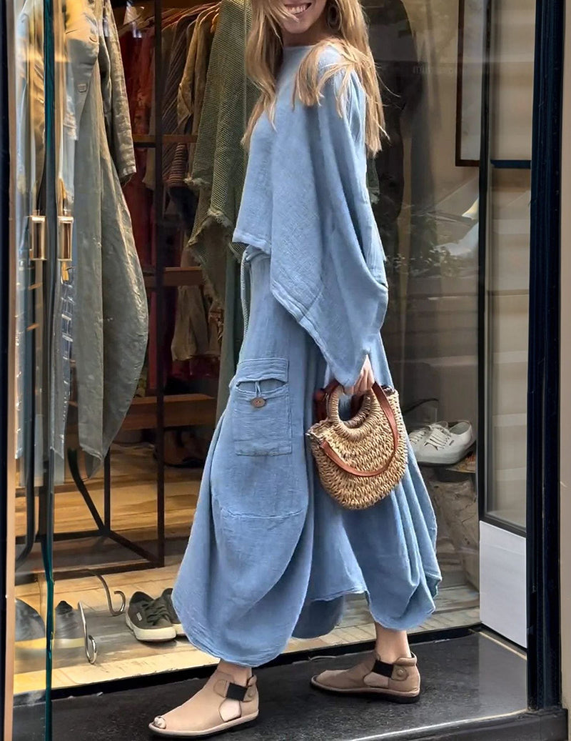 Linen Two Piece Set Batwing Sleeve Crop Top and Long Cargo Skirt