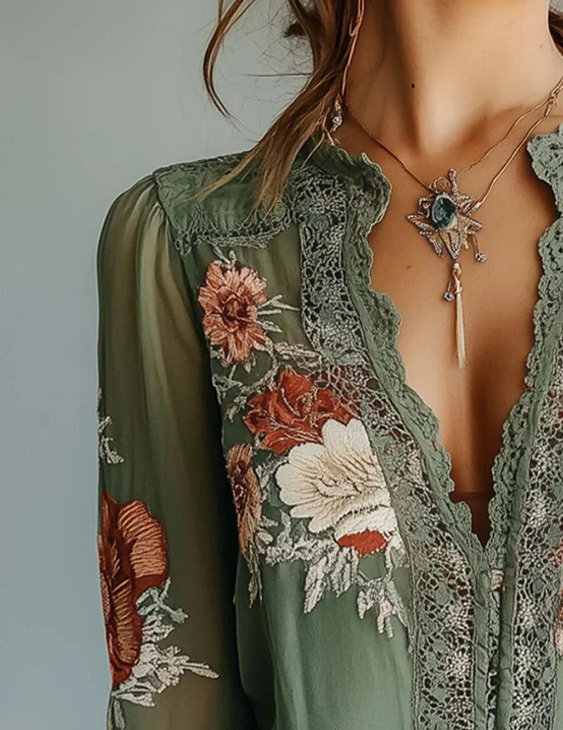 Sage Green Floral Embroidered Lace Blouse