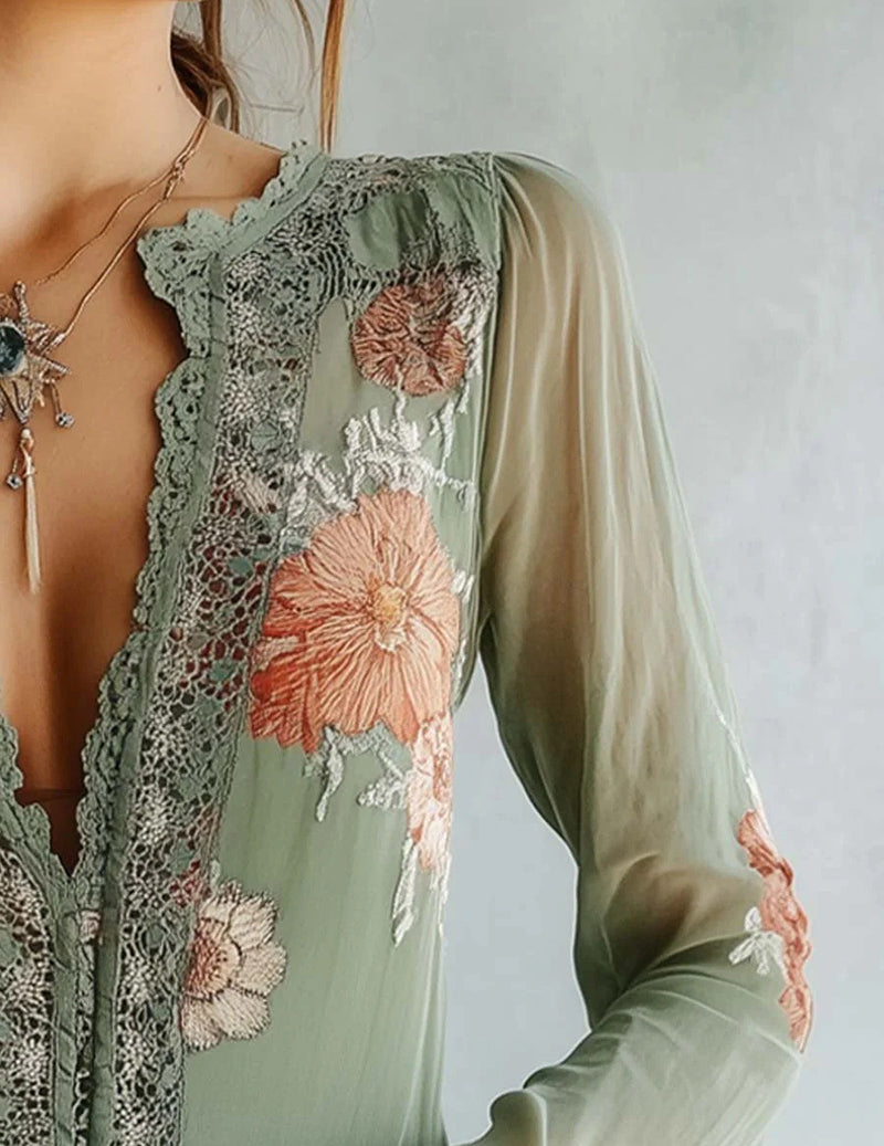 Sage Green Floral Embroidered Lace Blouse