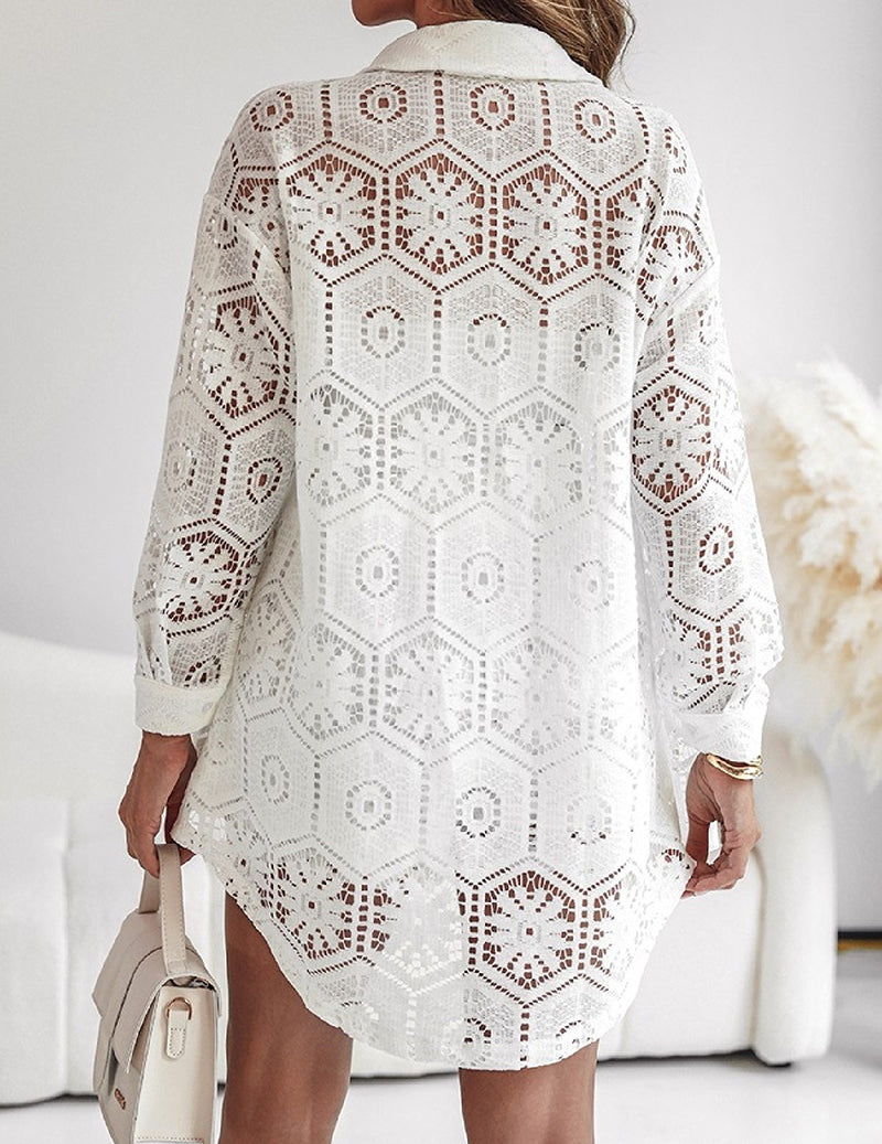 Eyelet Lace Shirt and Shorts Set Long Sleeve Two Piece Beach Outfit