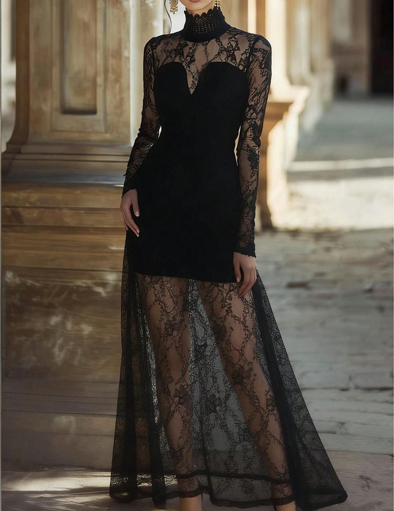 long sleeve sheer maxi dress Aldiana Asymmetric in Knit Black letting the sheer mesh and gradient tones do all the talking Rheda Women's Long Sleeve Sheer