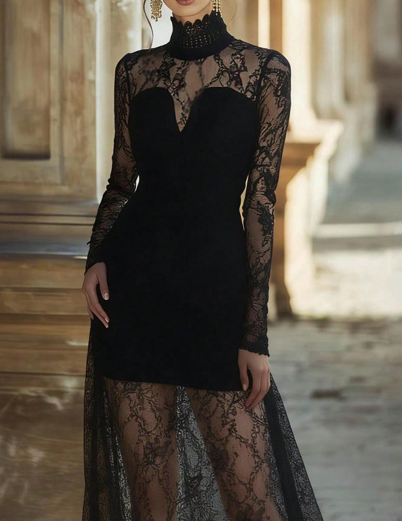 Lace Maxi Dress Long Sleeve Sheer Floral Lace Evening Gown Formal Dress