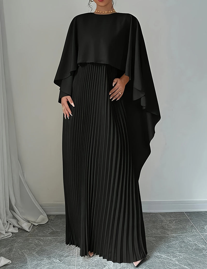 Batwing Sleeve Pleated Maxi Dress Elegant Cape Overlay Asymmetrical Hem Formal Gown