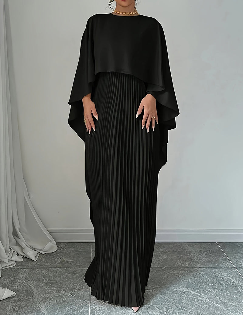 Batwing Sleeve Pleated Maxi Dress Elegant Cape Overlay Asymmetrical Hem Formal Gown