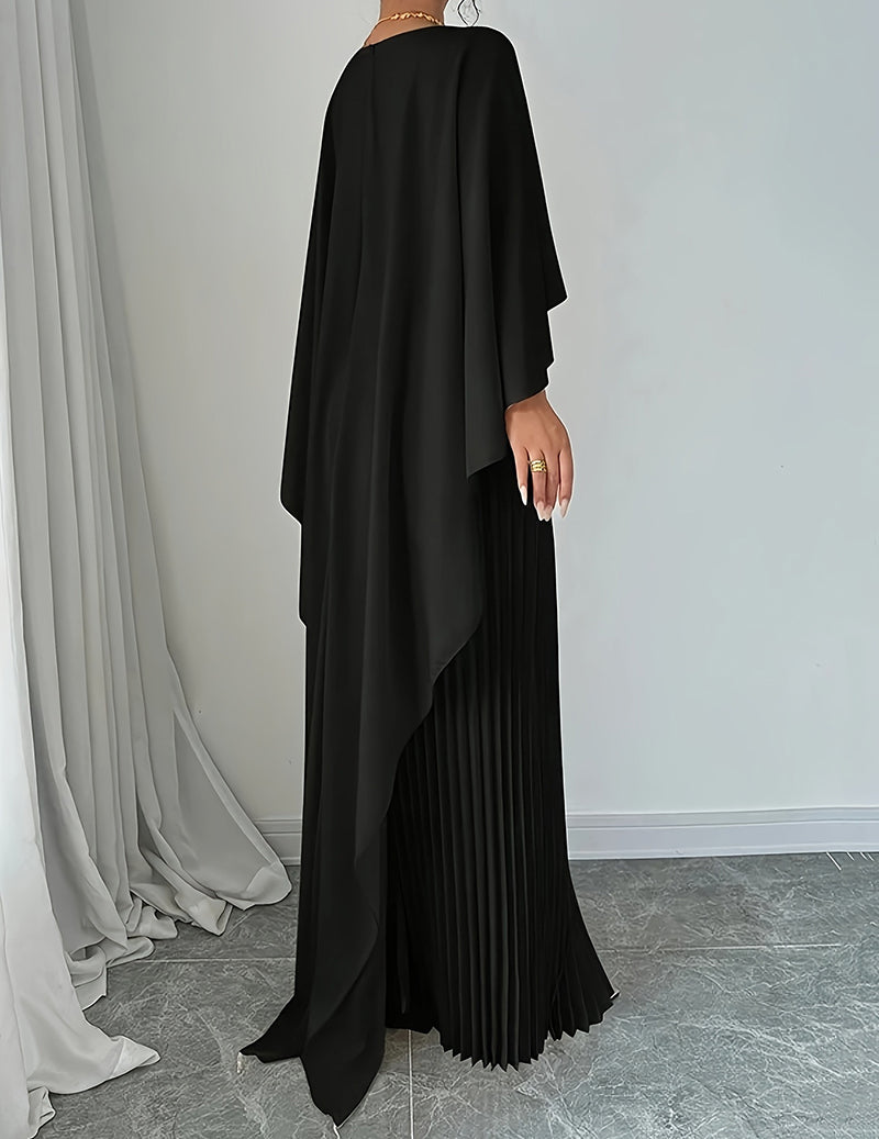 Batwing Sleeve Pleated Maxi Dress Elegant Cape Overlay Asymmetrical Hem Formal Gown