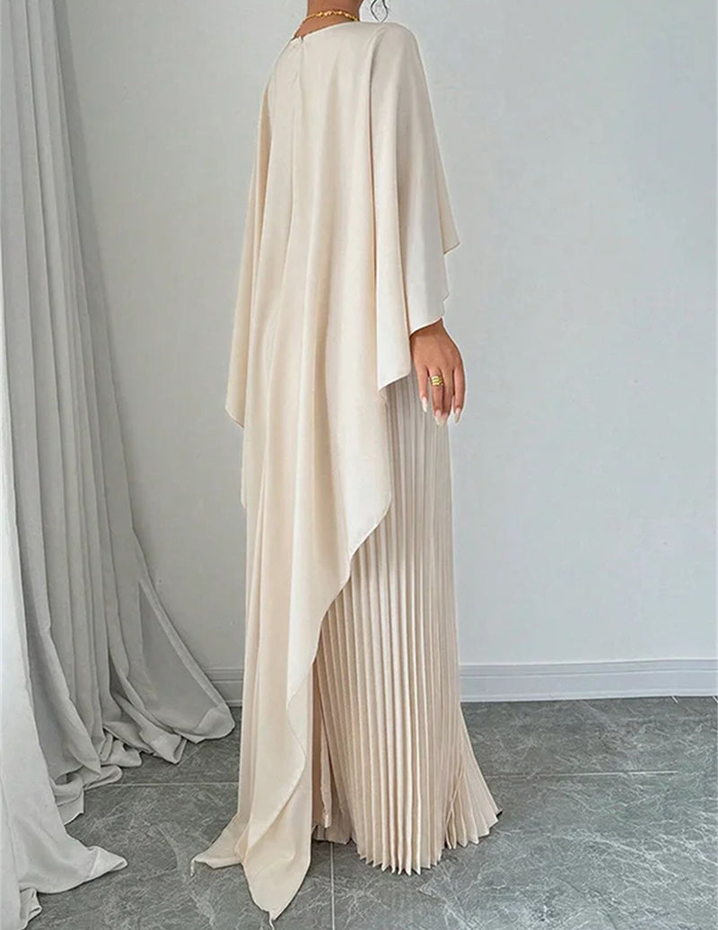 Batwing Sleeve Pleated Maxi Dress Elegant Cape Overlay Asymmetrical Hem Formal Gown
