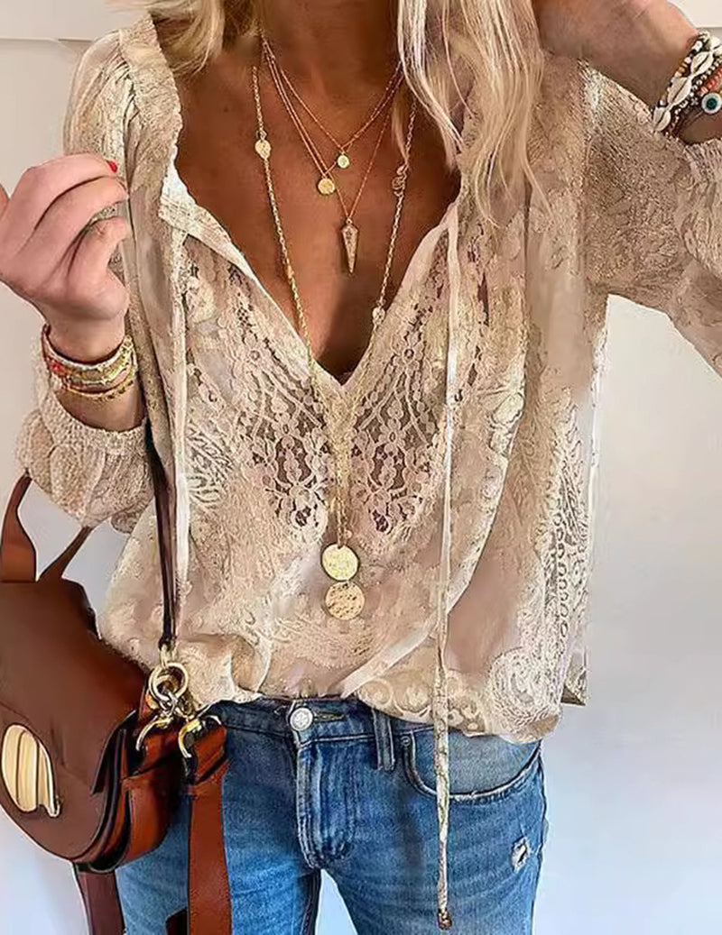 Floral Lace Blouse Sheer Deep V Neck Long Sleeve Boho Tie Front Lace Top