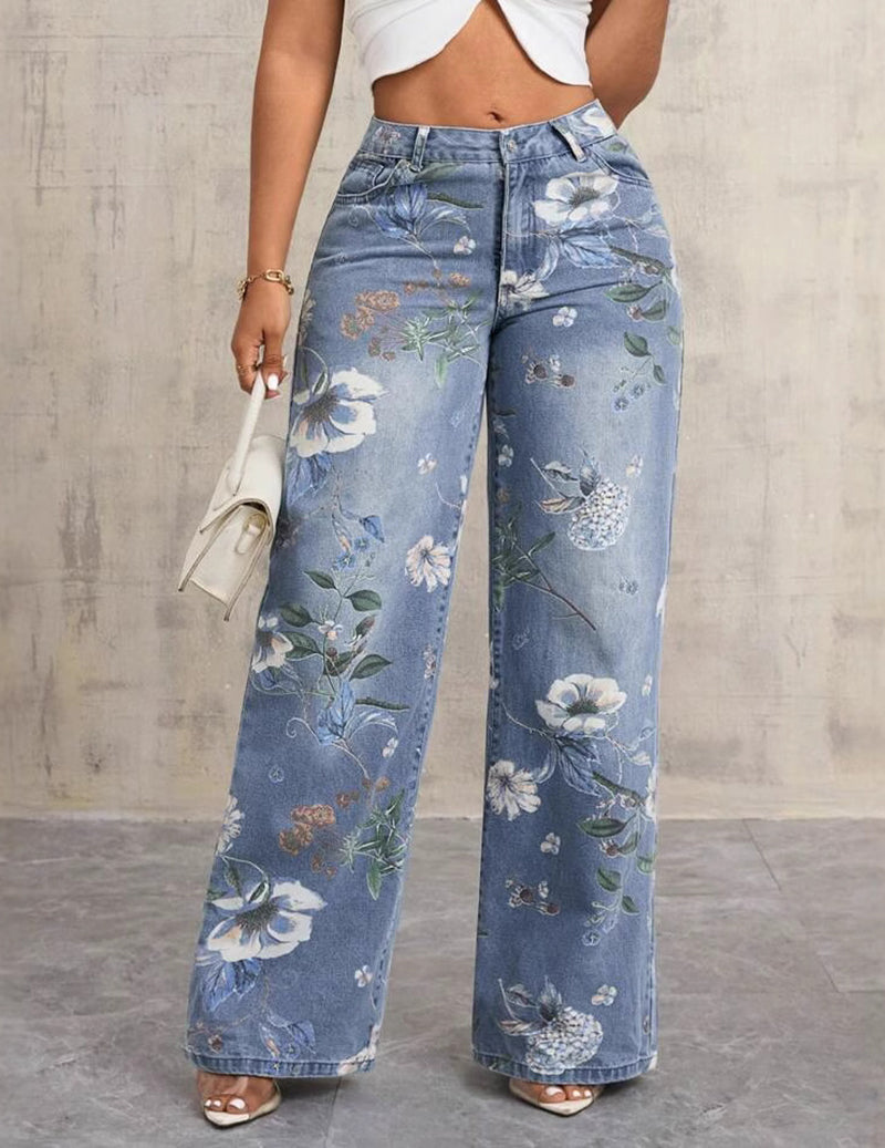 Floral Print Wide Leg Denim Jeans – High Waisted Floral Jeans
