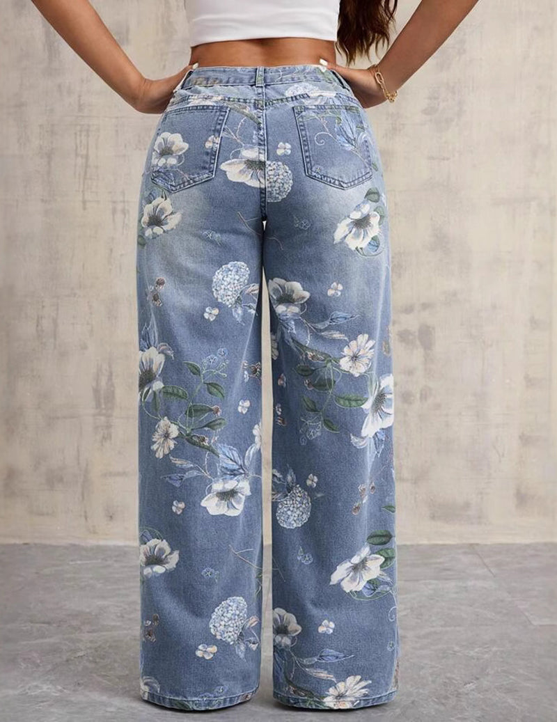 Floral Print Wide Leg Denim Jeans – High Waisted Floral Jeans