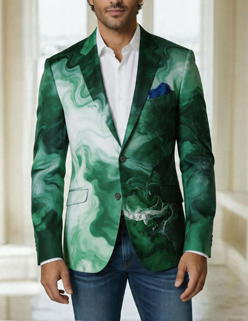 Men's Green Marble Print Blazer – Slim Fit Luxury Swirl Pattern Suit Jacket