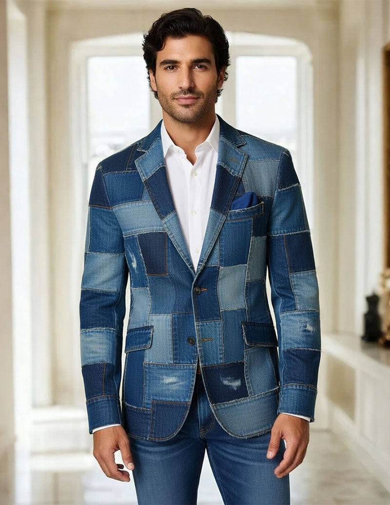 Men's Patchwork Denim Blazer – Slim Fit Blue Denim Patchwork Suit Jacket