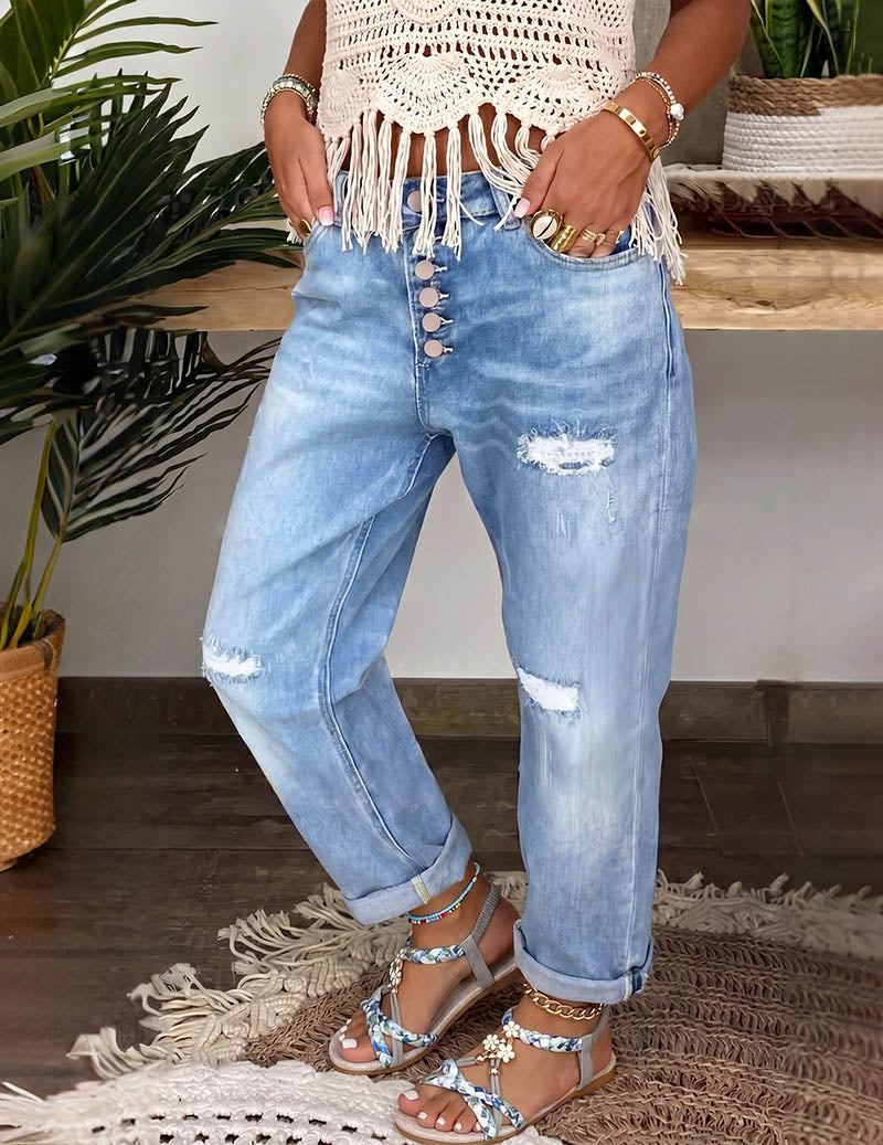 Ekouaer Distressed Straight-Leg Jeans High-Waist Button-Fly Ripped Denim Pants