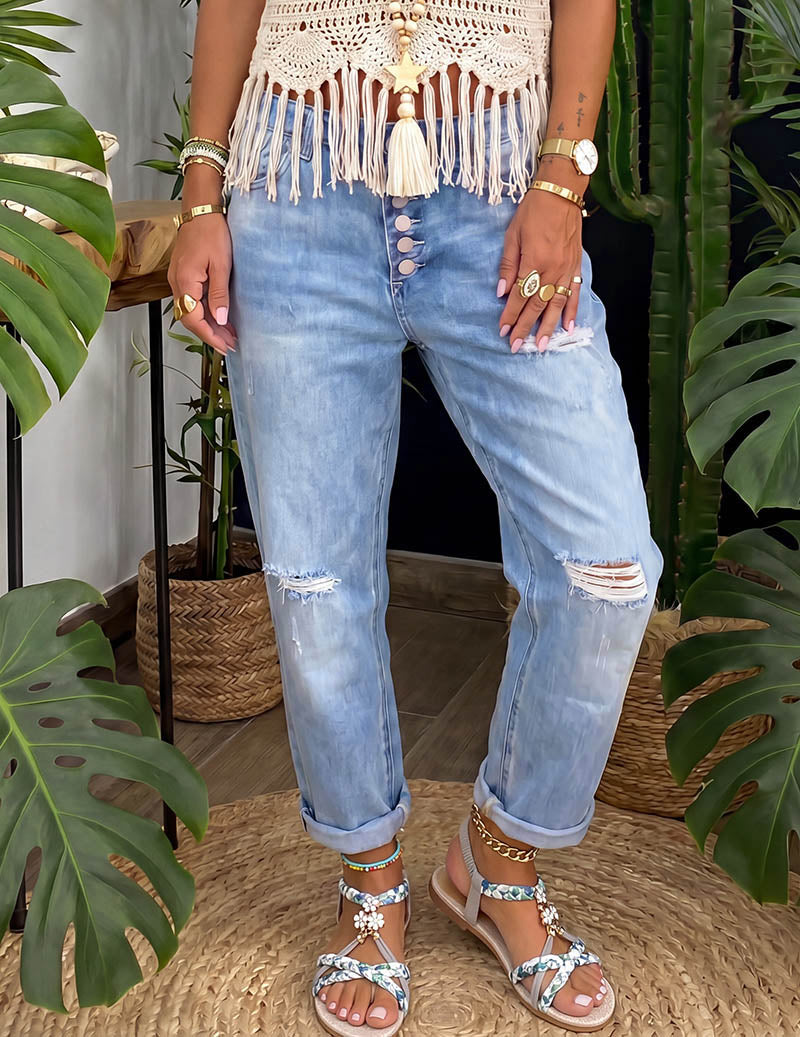 Ekouaer Distressed Straight-Leg Jeans High-Waist Button-Fly Ripped Denim Pants - Blue